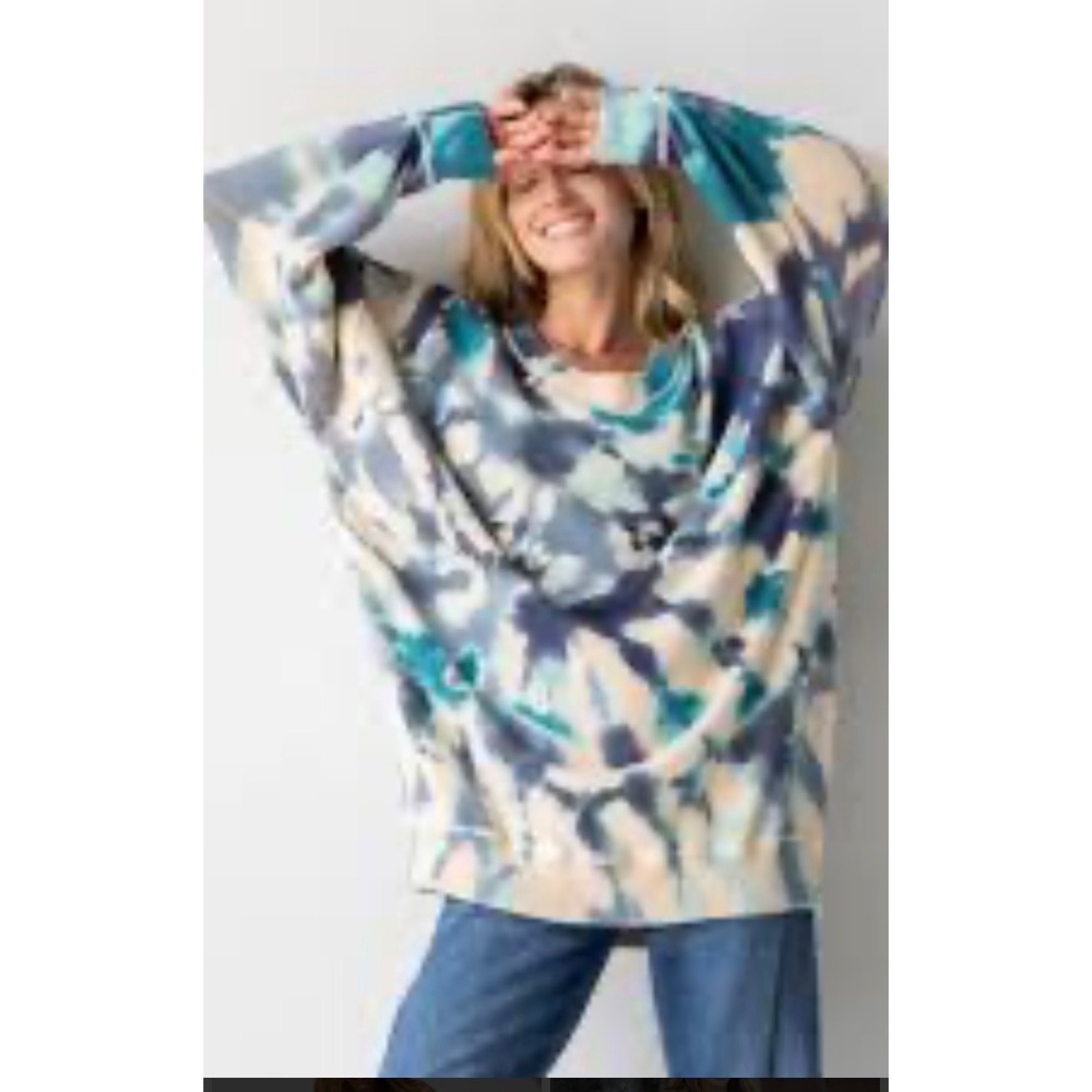 Natural Life Tie Dye Oversized Cotton Knit Sweater Women L/XL Blue Teal Artsy